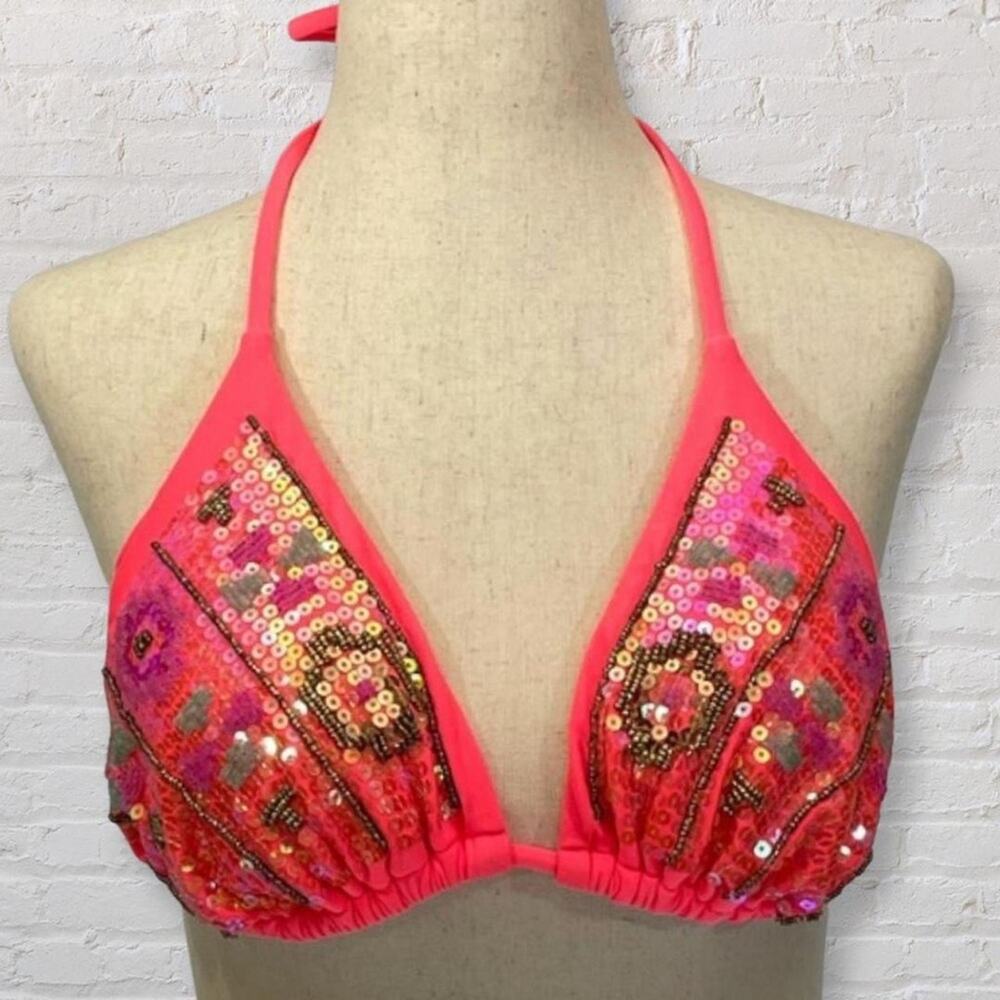 Vintage Beaded Sequined String Bikini Top | 2000s | Coral Pink | Medium | NWOT